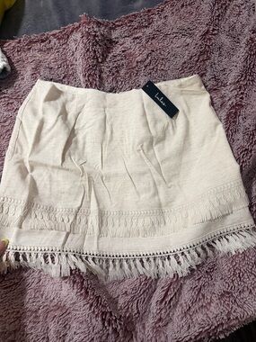 Lulu's Cream Fringe-Trim Mini Skirt